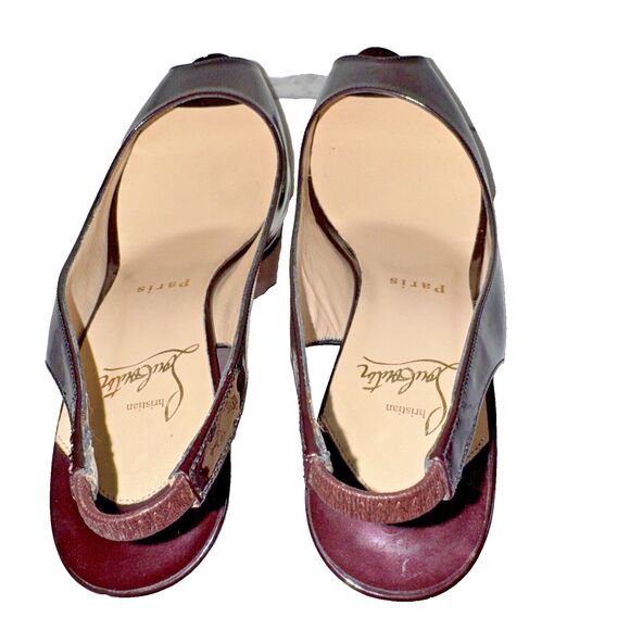 Authentic Christian Louboutin Size 7 Burgundy Patent Peep Toe Platform Slings - Picture 6 of 10